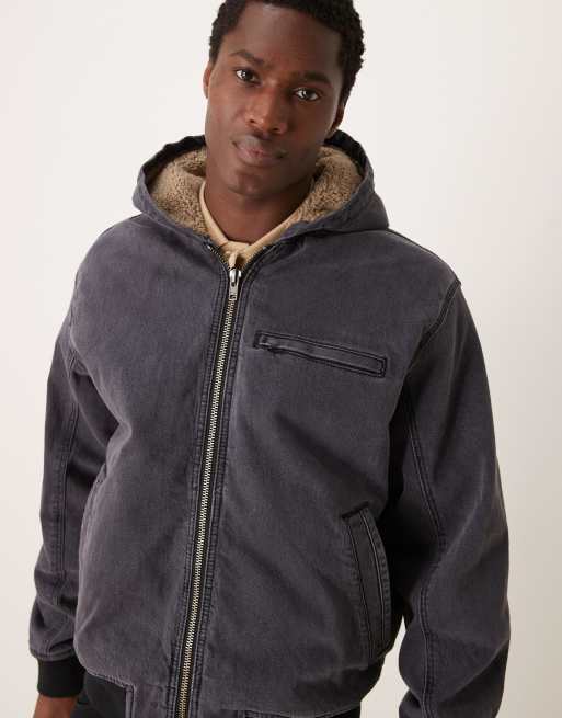 Abercrombie Fitch workwear sherpa lined address back hooded denim bomber in washed black ASOS