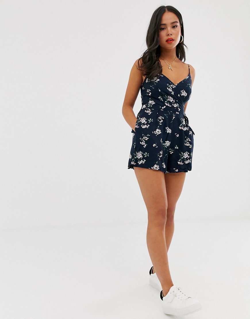 Abercrombie & Fitch wrap front playsuit in floral-Navy