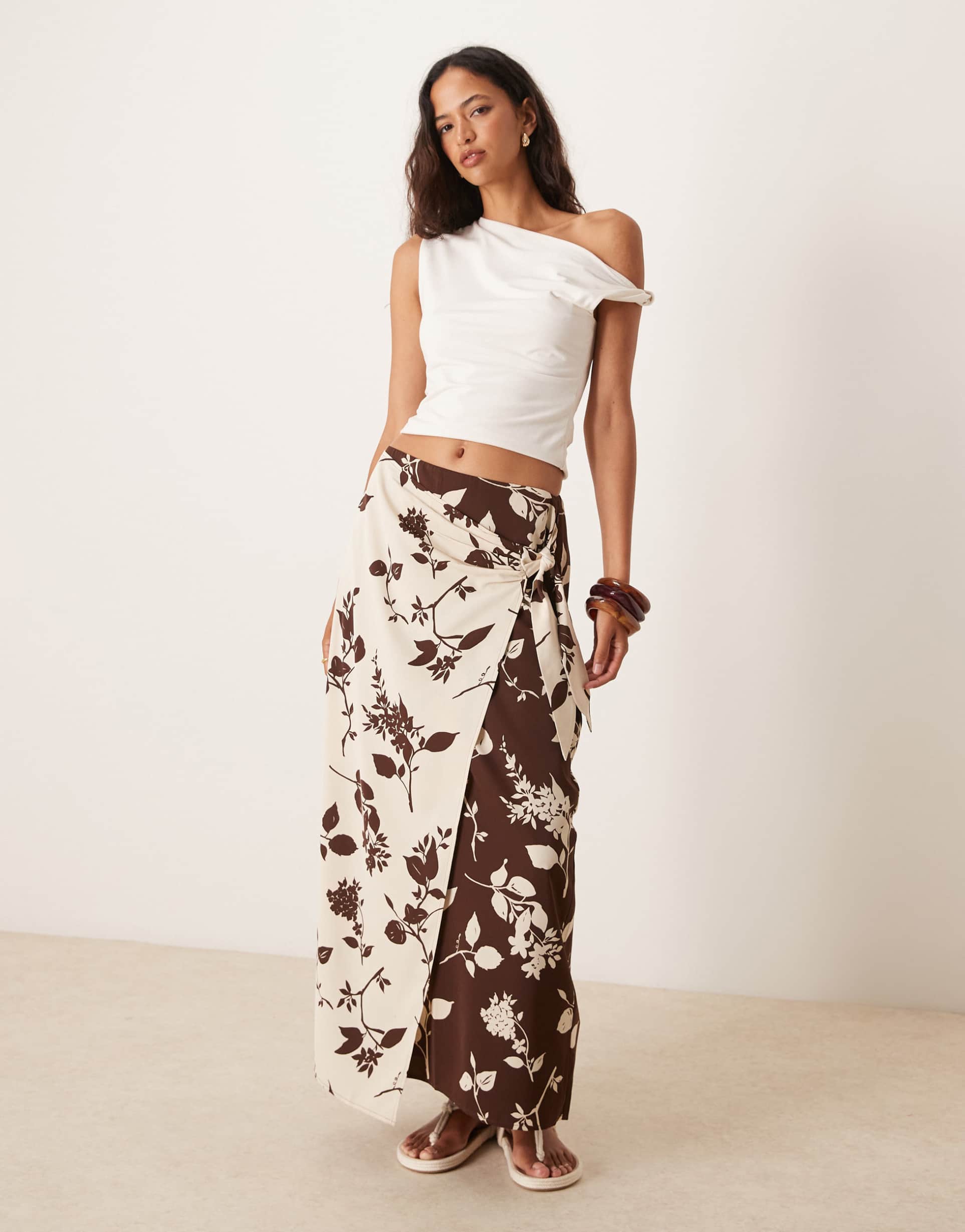 abercrombie & fitch wrap knot detail maxi skirt in brown floral print