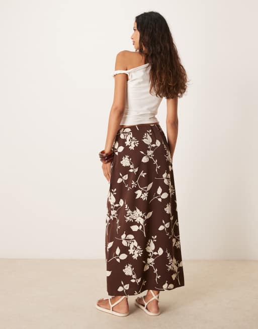 Abercrombie Fitch wrap knot detail maxi skirt in brown floral