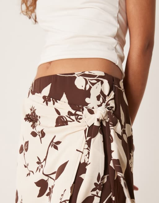 Abercrombie Fitch wrap knot detail maxi skirt in brown floral