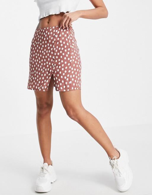 Abercrombie & Fitch wrap mini skirt in brown polka dot