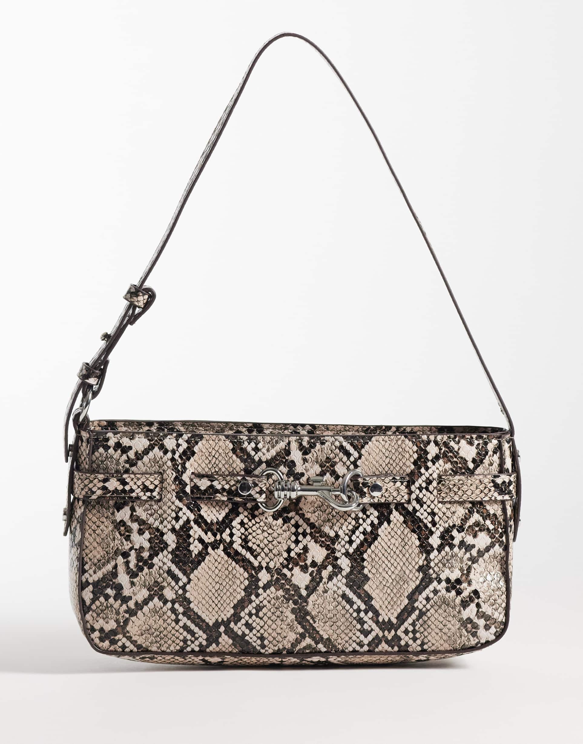 abercrombie & fitch y2k shoulder bag with hardware detailing in brown snake print