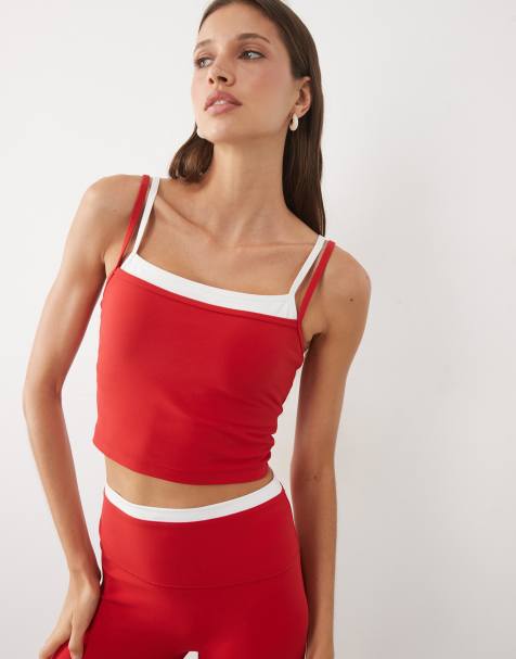 Abercrombie & Fitch YPB bügelloses Tanktop mit doppelter Lage und U-Ausschnitt als Co-ord in Rot - view 1