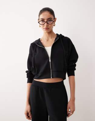 Abercrombie & Fitch - YPB - Cropped-Kapuzenpullover aus Fleece in Schwarz mit durchgehendem Reißverschluss, Kombiteil