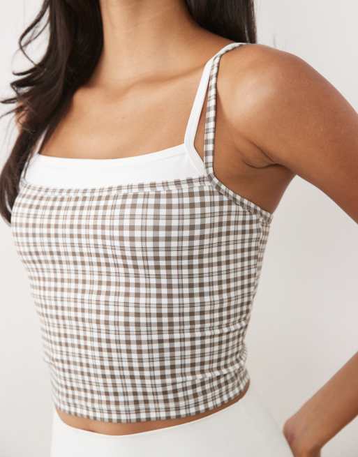 Abercrombie & Fitch YPB double layer scoop neck tank top in white check, 3 of 4