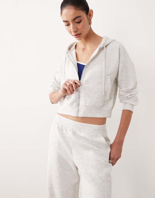 Abercrombie & Fitch - YPB - Felpa corta in pile grigia con cappuccio e zip in coordinato