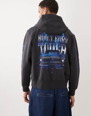 YPB Ford graphic print zip-up hoodie in washed black-Gray