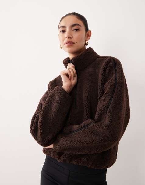 Abercrombie & Fitch YPB high neck quarter zip teddy fleece in brown