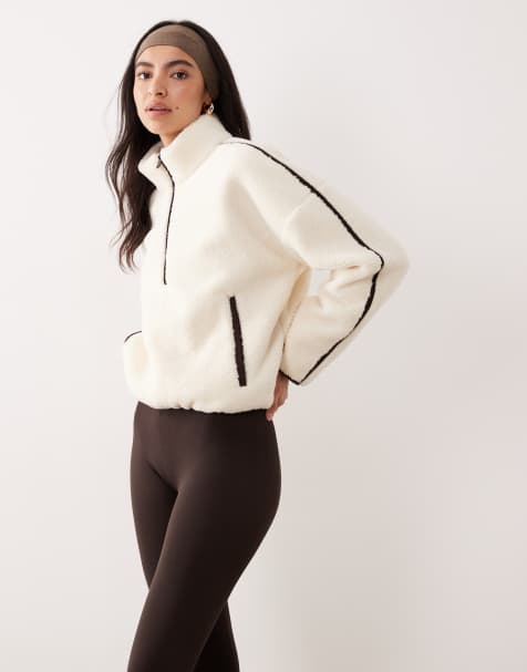 Abercrombie & Fitch YPB high neck quarter zip teddy fleece in cream