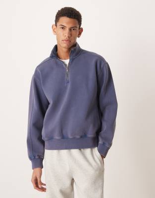 YPB - Sweatshirt in verwaschenem Dunkelblau mit kurzem Reißverschluss Blau 2XL