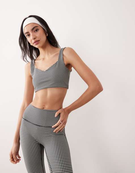 Abercrombie & Fitch YPB sweetheart neckline sports bra co-ord in black houndstooth