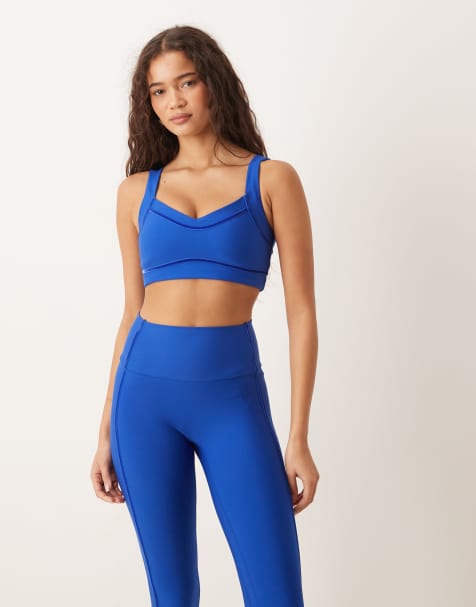 Abercrombie & Fitch YPB velvet tape sports bra co-ord in royal blue - view 1