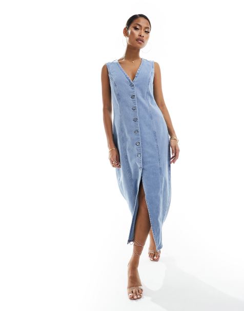 Abercrombie & Fitch – Zapinana na guziki niebieska sukienka jeansowa midi - view 1