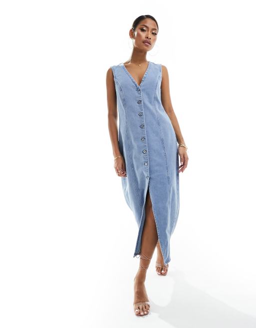 Abercrombie & Fitch – Zapinana na guziki niebieska sukienka jeansowa midi