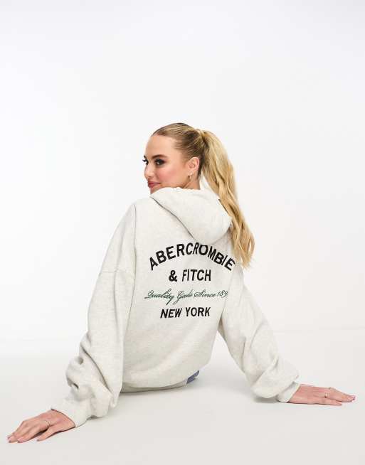 Abercrombie & Fitch – Zapinana na suwak szara bluza oversize z kapturem i nadrukiem na klatce piersiowej i na plecach