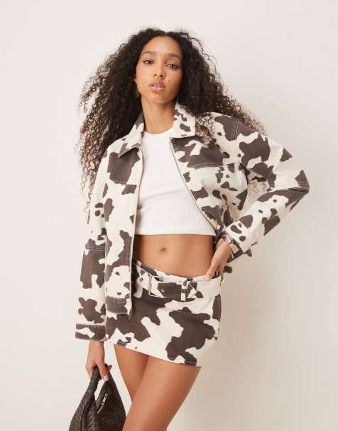 Abercrombie & Fitch zip front denim jacket in cow print