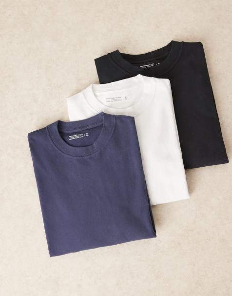 Abercrombie & Fitch – Zestaw 3 grubych T-shirtów premium z długimi rękawami w kolorach czarnym, granatowym i białym - view 1