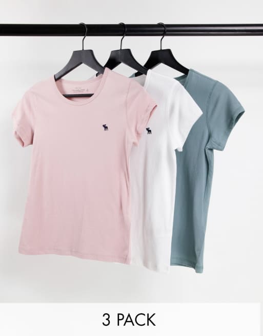 Abercrombie & Fitch – Zestaw 3 koszulek z okrągłym dekoltem, w kolorach: różowym, białym i morskim