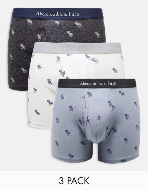 Abercrombie & Fitch – Zestaw 3 par bokserek w kolorach białym, niebieskim i grafitowym ze wzorem z logo na całej powierzchni