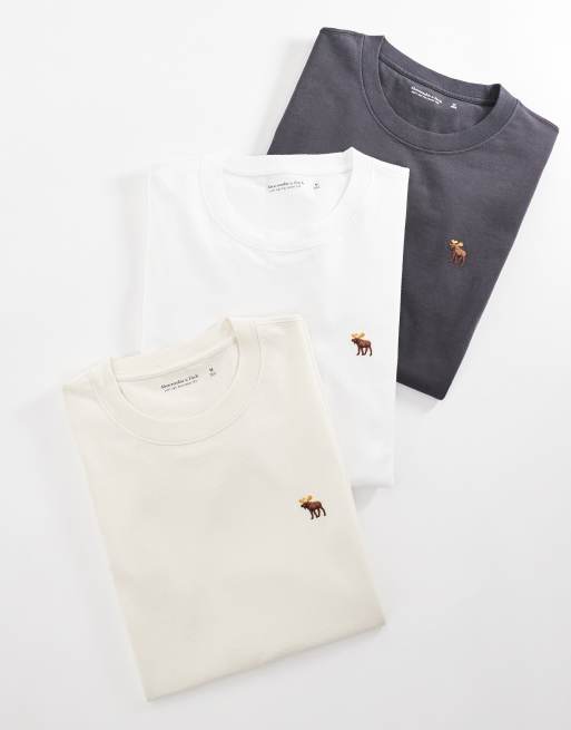 Abercrombie & Fitch – Zestaw 3 T-shirtów o klasycznym kroju w kolorach czarnym, kremowym i białym z logo