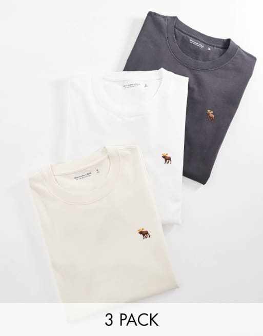 Abercrombie & Fitch – Zestaw 3 T-shirtów o klasycznym kroju w kolorach czarnym, kremowym i białym z logo