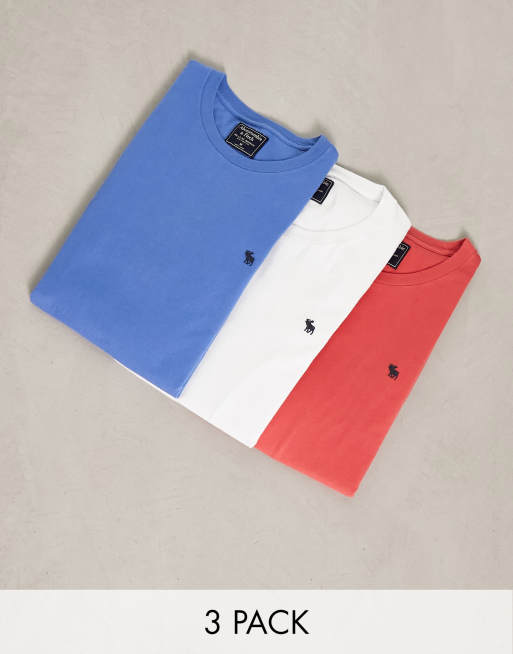 Abercrombie & Fitch – Zestaw 3 T-shirtów w kolorze czerwonym, białym i niebieskim melanżowym z logo