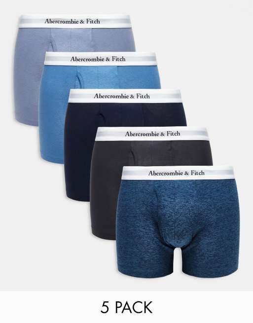 Abercrombie & Fitch – Zestaw 5 par bokserek z białą taśmą w talii w kolorach niebieskim, szarym i granatowym
