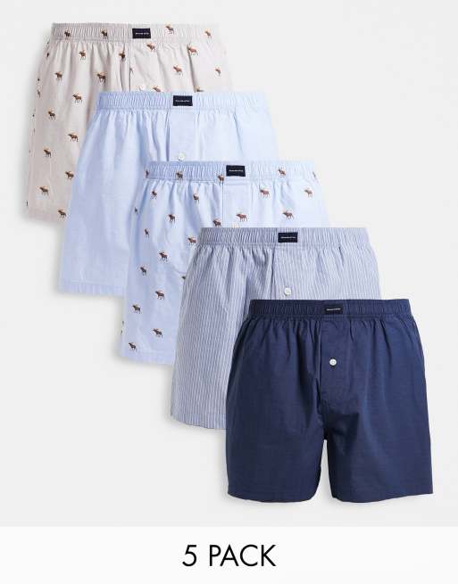 Abercrombie & Fitch – Zestaw 5 par bokserek z gładkiej tkaniny i z nadrukiem na całej powierzchni w różnych kolorach