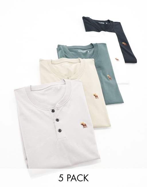 Abercrombie & Fitch – Zestaw 5 T-shirtów henley z logo w kolorach czarnym, szarym, taupe, białym