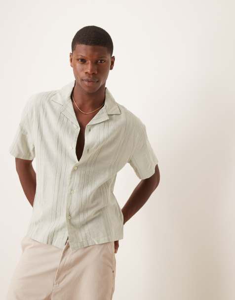 Abercrombie & Fitch textured linen collar detail short sleeve shirt in green