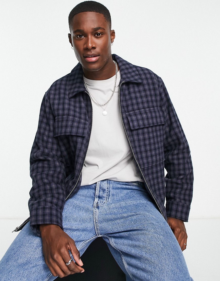 Abercrombie & Fitch Zip Front Check Oversized Shirt Jacket In Blue