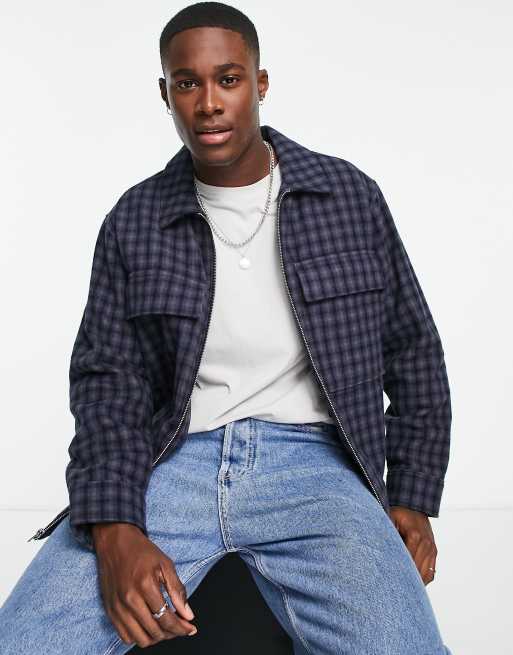 Abercrombie & Fitch zip front check oversized shirt jacket in blue | ASOS