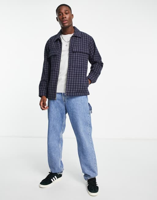 Abercrombie & Fitch zip front check oversized shirt jacket in blue, 2 of 4