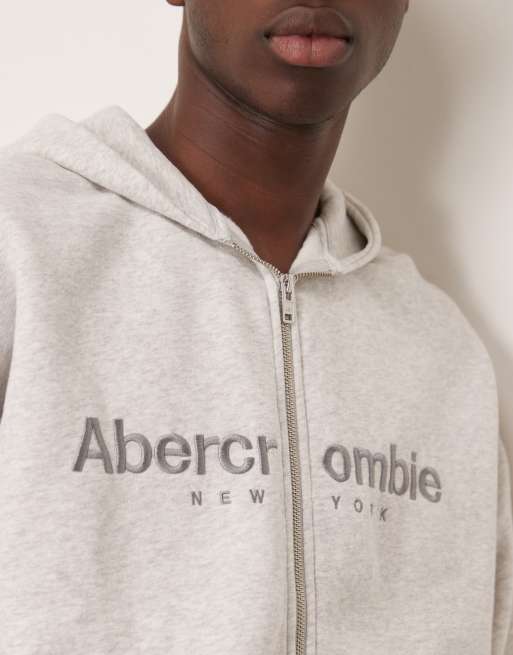 Abercrombie & Fitch zip through logo hoodie in light gray | ASOS