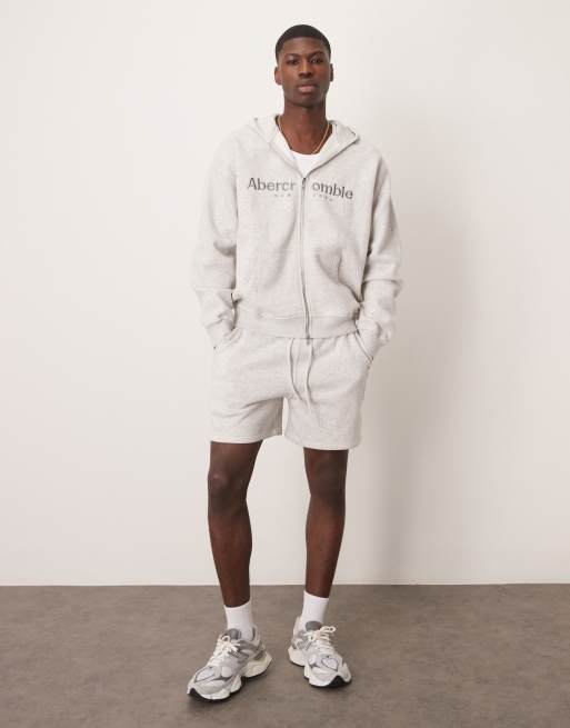 Abercrombie & Fitch zip through logo hoodie in light grey