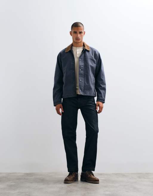 Abercrombie & Fitch zip up canvas worker jacket in navy, 3 of 5