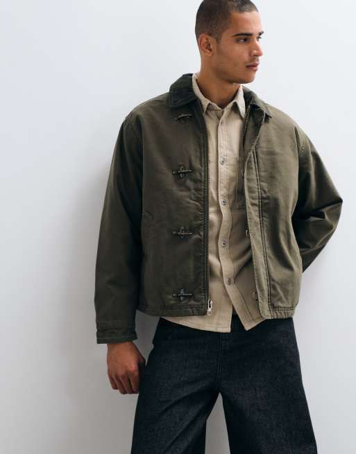 Abercrombie & Fitch zip up canvas worker jacket with hardware clasps in khaki, 4 of 5