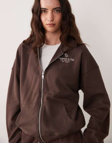 Abercrombie & Fitch zip up logo hoodie in brown - part of a set - view 1