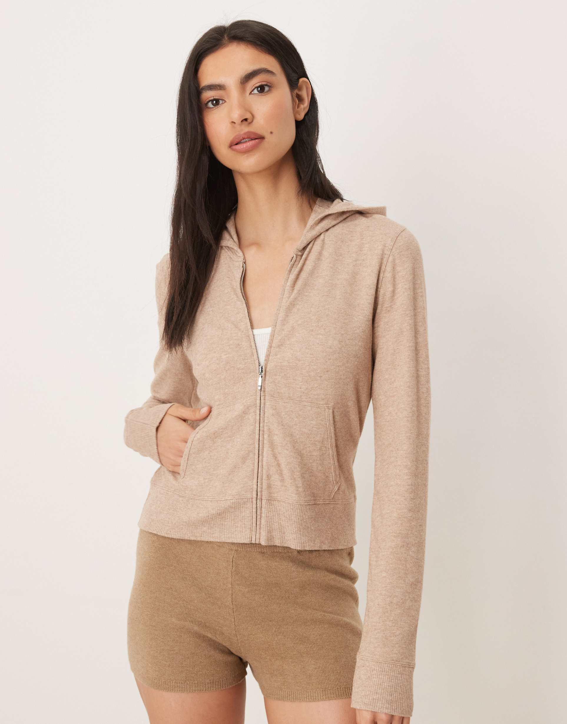 abercrombie & fitch zip up lounge hoodie in beige