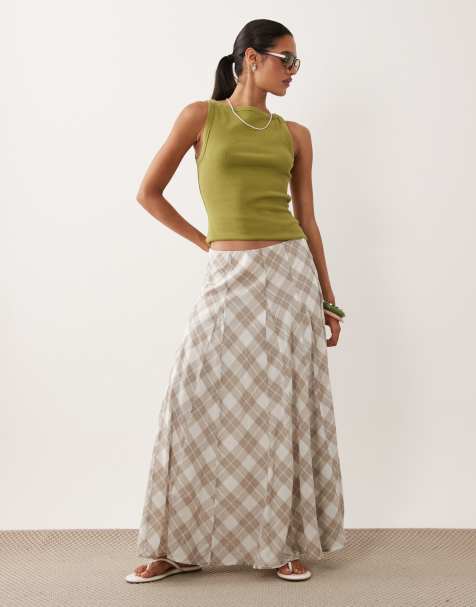 Abercrombie & Fitch zwierige midi-rok in wit en bruin geruit - view 1