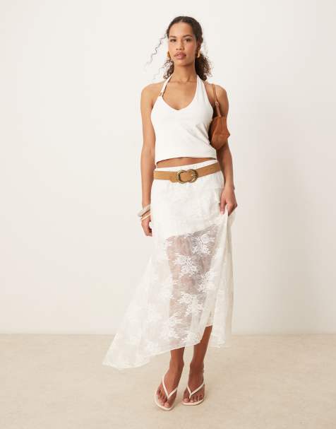 Abercrombie & Fitch lace detail flowy maxi skirt in white