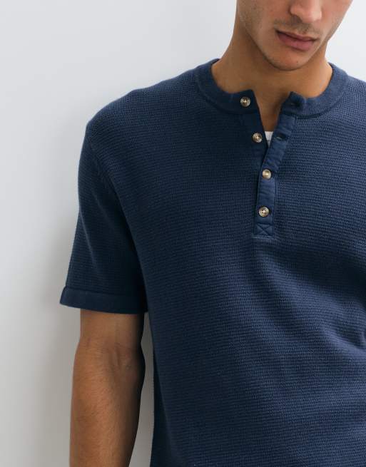Abercrombie knitted short sleeve henley t-shirt in navy, 4 of 5