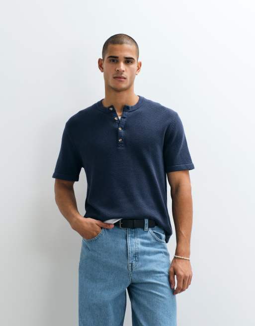 Abercrombie knitted short sleeve henley t-shirt in navy, 5 of 5