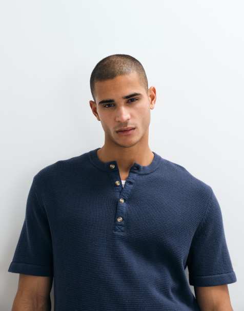 Abercrombie - Marineblå strikket henley-T-shirt med korte ærmer - view 1