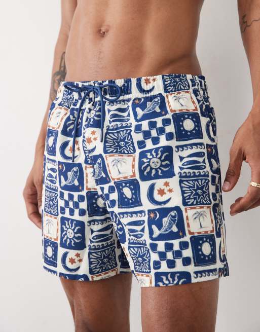 Abercrombie pull on swim shorts in navy tile print, 3 of 5