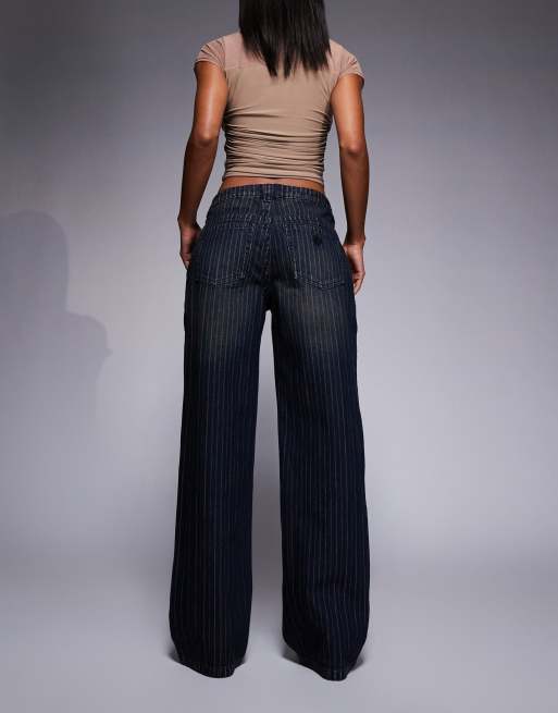 Abrand 99 baggy straight leg jeans in dark wash blue pinstripe , 3 of 5