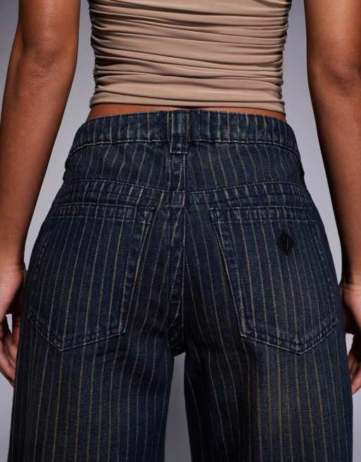 Abrand – 99 – Mörkblå, kritstrecksrandiga, baggy jeans med raka ben , 5 av 5