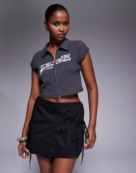 Abrand - Crop top stile polo grigio antracite con zip - view 1