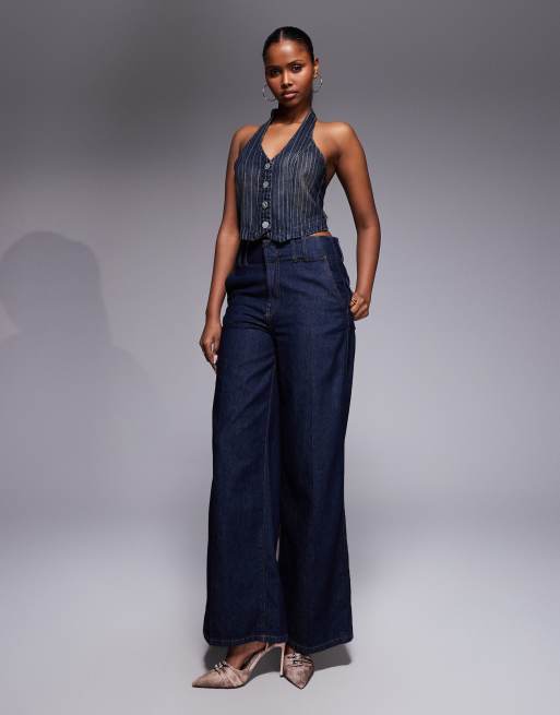 Abrand - Cropped denim gilet in blauw met donkere wassing, 3 van 4
